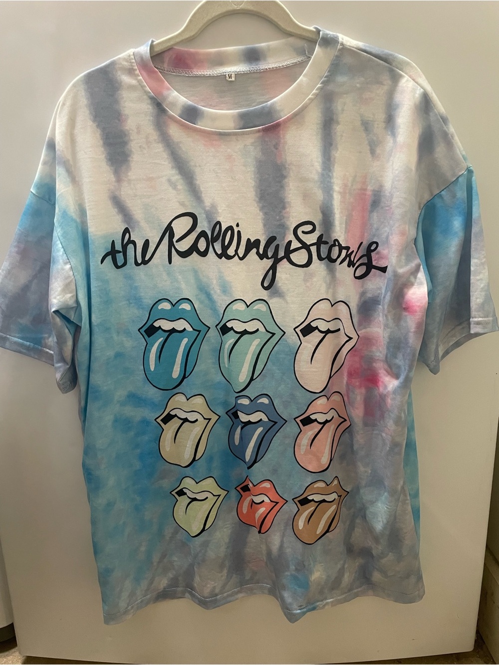 ROLLING STONES TIE DYE SHIRT Mens Medium Blue Pink Green Casual Music Logo